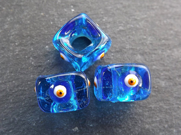 Aegean Blue Square Evil Eye Beads, Protective Turkish Nazar, Good Luck Bead, 10mm, 3pc