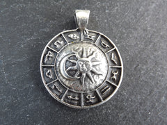 Zodiac Horoscope Pendant, Sun Moon Pendant, Silver Constellation Charm, Disc Pendant, Matte Antique Silver Plated, 1pc