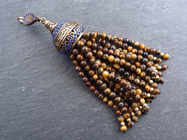 Large Long Tiger Eye Stone Beaded Tassel with Crystal Accents Greek Key Pattern - Antique Bronze - 1PC