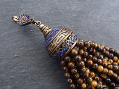 Large Long Tiger Eye Stone Beaded Tassel with Crystal Accents Greek Key Pattern - Antique Bronze - 1PC