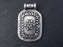 Nepalese Style Rectangle Medallion Artisan Heart Pendant Ethnic Tribal Pattern Rajasthan - Matte Antique Silver Plated - 1pc