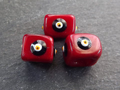 Crimson Red Square Evil Eye Beads, Protective Turkish Nazar, Good Luck Bead, 10mm, 3pc