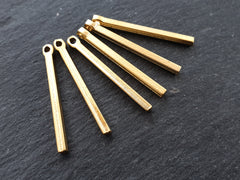Small Short Slim Gold Vertical Square Bar Rod Pendant Charm, 22k Matte Gold Plated, 6pc