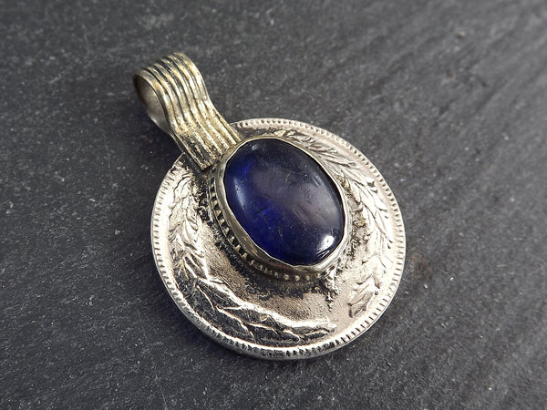 Silver Kuchi Coin Pendant, Blue Glass, Afghan Coin Charm, Rustic Medallion Coin, Afghanistan, Silver Brass, 1pc, No:501