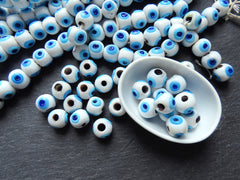10 White Glass Evil Eye Beads, Chunky Rondelle Artisan Handmade Lucky Protective Navy Nazar Beads, 12x14mm
