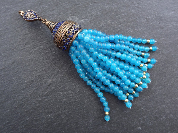 Large Long Blue Curacao Jade Stone Beaded Tassel with Crystal Accents Greek Key Pattern - Antique Bronze - 1PC