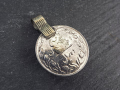 Silver Kuchi Coin Pendant, Blue Glass, Afghan Coin Charm, Rustic Medallion Coin, Afghanistan, Silver Brass, 1pc, No:501
