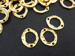 Gold Hammered Organic Ring Connector Pendant, Oval Hoop Loop Link with Holes, 22k Matte Gold, 3pc