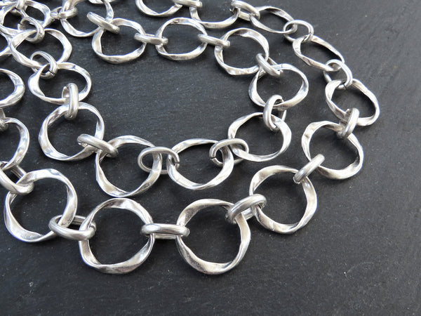27mm Large Chunky Organic Link Statement Chain, Wide Chain, Wavy Round Link Chain, Matte Antique Silver Plated, 1 Meter = 3.3 Feet