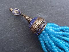Large Long Blue Curacao Jade Stone Beaded Tassel with Crystal Accents Greek Key Pattern - Antique Bronze - 1PC