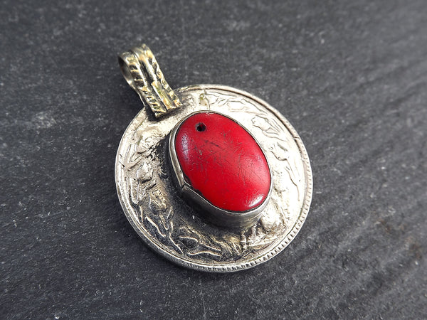 Silver Kuchi Coin Pendant, Red Glass, Afghan Coin Charm, Rustic Medallion Coin, Afghanistan, Silver Brass, 1pc, No:502