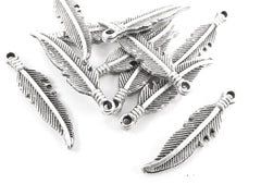 10 Tribal Feather Charms - Antique Matte Silver Plated