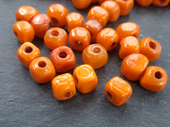 BULK - 30 Orange Tone Shades Rustic Cube Glass Bead - Square Dice Shape Traditional Turkish Artisan Handmade - 7mm - Turkish Glass Beads