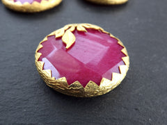 Pink Stone Pendant with Gold Leaf Serrated Bezel, Violet Pink Jade, Faceted Gemstone Pendant, 36mm, 22k Matte Gold Plated, 1pc