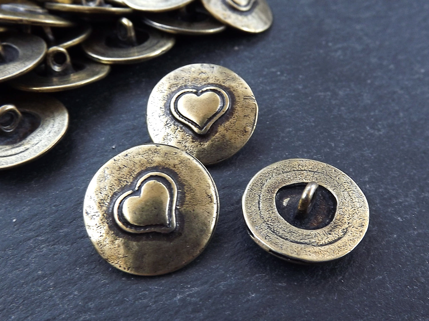 3 Rustic Metal Heart Buttons Antique Bronze Plated - Round Silver