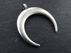 Crescent Pendant Tribal Double Horn Moon Pendant - Matte Silver Plated Turkish Jewelry Making Supplies Findings Components - 1PC