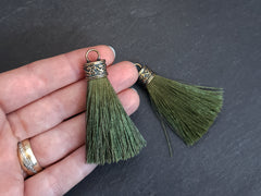 Olive Green Tassel Pendant, Silk Thread Tassel, Tassel Charm, Ornate Cap, Antique Bronze Cap, Tassel Jewelry, Brown Silk Tassel, 2.25 inches, 2pc