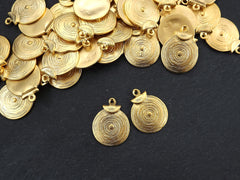 Round Gold Coin Tribal Charms, Ethnic Spiral Disc Pendant, 22k Matte Gold Plated, 2pc