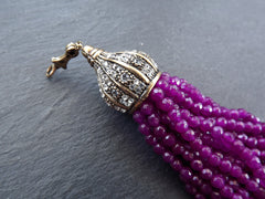 Purple Gemstone Beaded Tassel Pendant, Facet Cut Jade Beads, Antique Bronze Rhinestone Paved Tassel Cap with Bail, 1PC