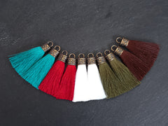 Aqua Teal Tassel Pendant, Silk Thread Tassel, Tassel Charm, Ornate Cap, Antique Bronze Cap, Tassel Jewelry, Brown Silk Tassel, 2.25 inches, 2pc