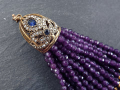 Purple Gemstone Beaded Tassel Pendant, Jade Beads, Antique Bronze Rhinestone Cap, 1PC