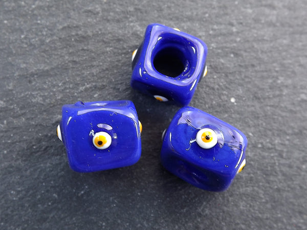 Royal Blue Square Evil Eye Beads, Protective Turkish Nazar, Good Luck Bead, 10mm, 3pc