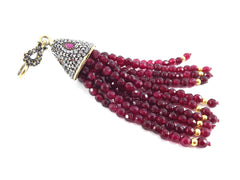 Large Long Garnet Red Facet Cut Jade Stone Beaded Tassel with Encrusted Crystal Accents - Antique Bronze - 1PC