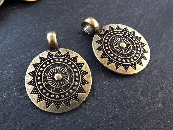 2 Medium Ethnic Sun Mandala Round Disc Pendants with Side Facing - Antique Bronze Plated