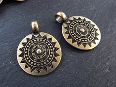 2 Medium Ethnic Sun Mandala Round Disc Pendants with Side Facing - Antique Bronze Plated