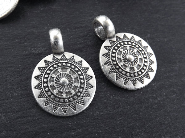 2 Small Ethnic Sun Mandala Round Disc Pendants with Side Facing - Matte Antique Silver Plated