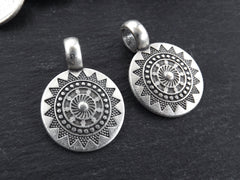 2 Small Ethnic Sun Mandala Round Disc Pendants with Side Facing - Matte Antique Silver Plated