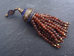 Large Long Brown Jade Stone Beaded Tassel with Crystal Accents Greek Key Pattern - Antique Bronze - 1PC