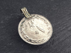 Silver Kuchi Coin Pendant, Red Glass, Afghan Coin Charm, Rustic Medallion Coin, Afghanistan, Silver Brass, 1pc, No:502