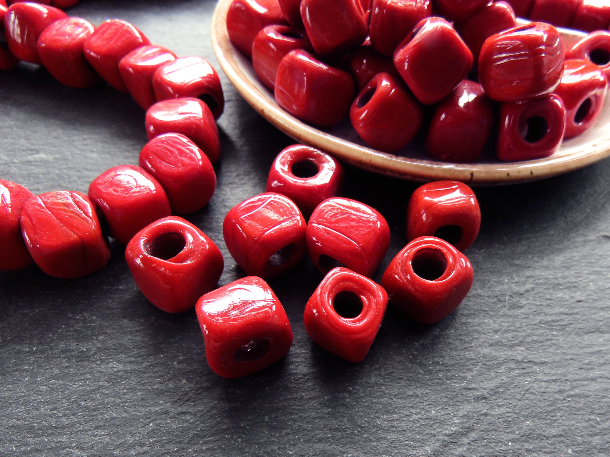 10mm Red Glass Cube Square Beads, Rustic Traditional Turkish