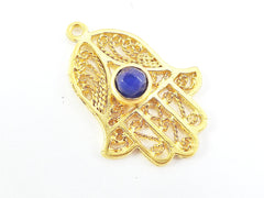 Filigree Hand of Fatima Hamsa Pendant Charm with Royal Blue Facet Cut Jade Accent- 22k Matte Gold Plated
