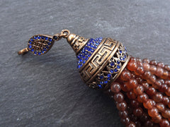 Large Long Brown Jade Stone Beaded Tassel with Crystal Accents Greek Key Pattern - Antique Bronze - 1PC