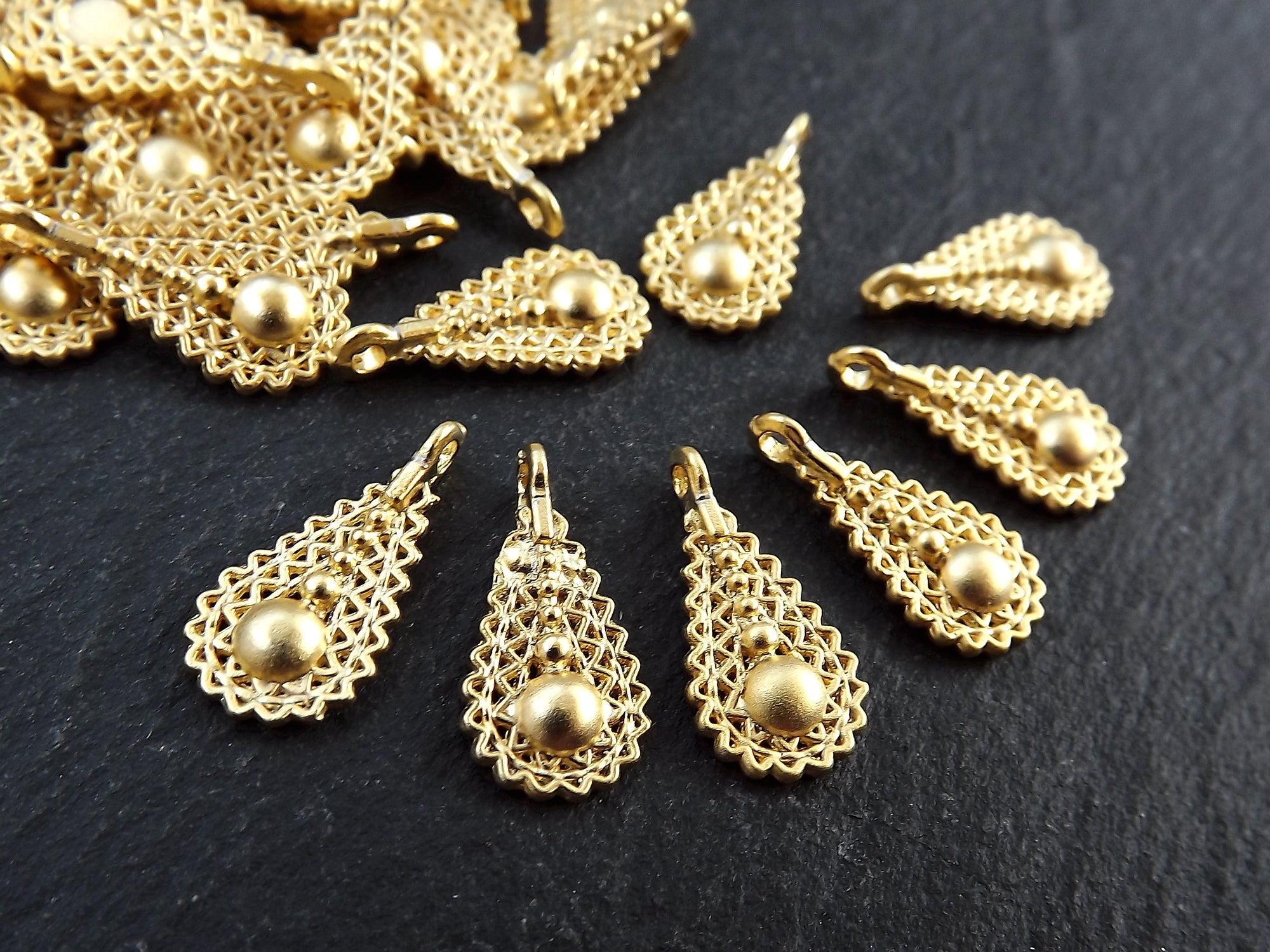 Filigree Teardrop Charm, Small Ethnic Drop Dangle Pendant, 22k Matte Gold Plated Brass, 10pc