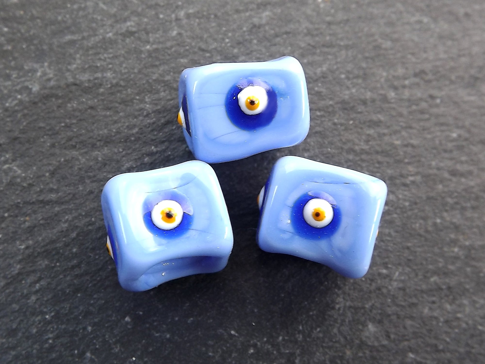 Cornflower Blue Square Evil Eye Beads, Protective Turkish Nazar, Good Luck Bead, 10mm, 3pc