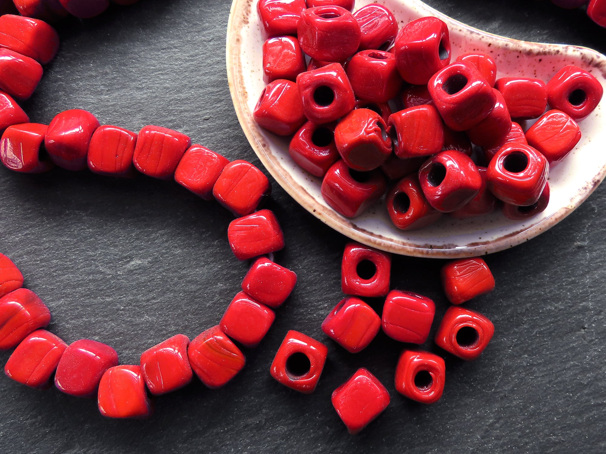 10mm Red Glass Cube Square Beads, Rustic Traditional Turkish