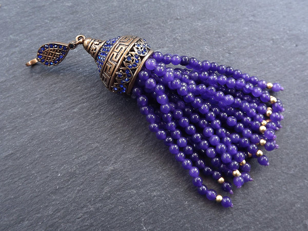Large Long Purple Jade Stone Beaded Tassel with Crystal Accents Greek Key Pattern - Antique Bronze - 1PC