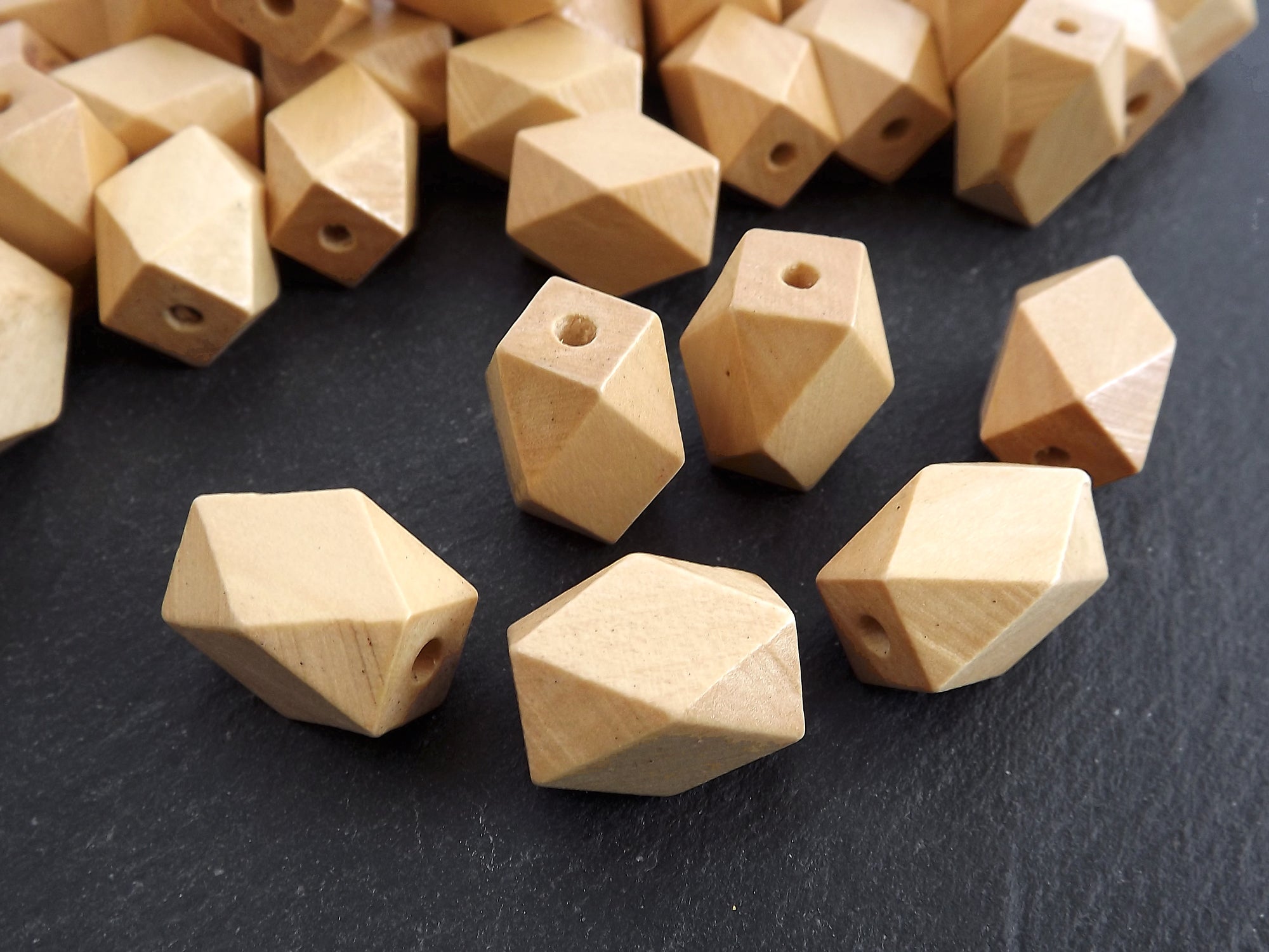 Large Long Natural Beige Hexagon Wood Beads, Facet Wooden Geometric Bead Spacers, 21x14mm, 6pcs
