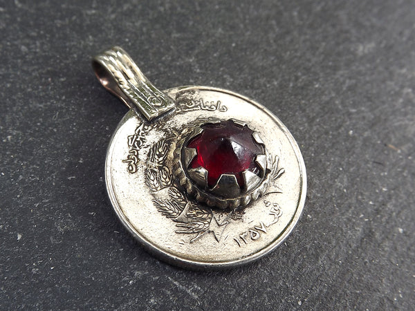 Silver Kuchi Coin Pendant, Red Glass, Afghan Coin Charm, Rustic Medallion Coin, Afghanistan, Silver Brass, 1pc, No:504