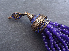 Large Long Purple Jade Stone Beaded Tassel with Crystal Accents Greek Key Pattern - Antique Bronze - 1PC