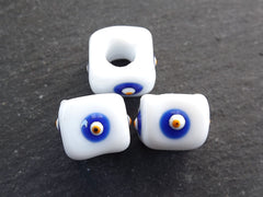 White Square Evil Eye Beads, Protective Turkish Nazar, Good Luck Bead, 10mm, 3pc