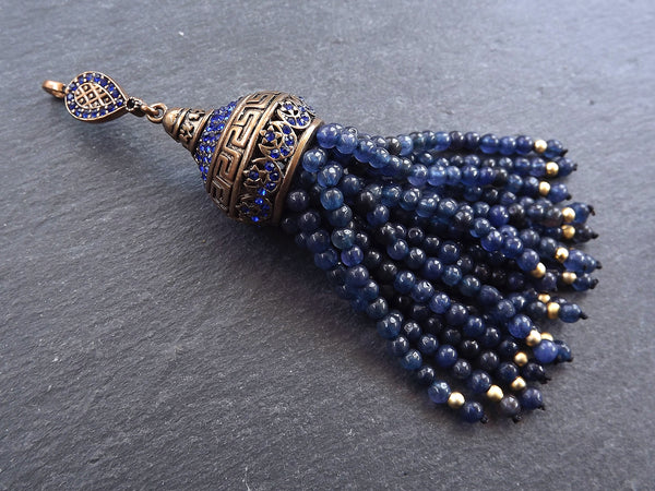 Large Long Navy Blue Jade Stone Beaded Tassel with Crystal Accents Greek Key Pattern - Antique Bronze - 1PC