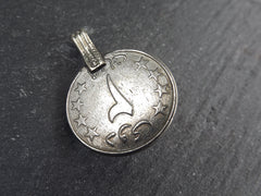 Silver Kuchi Coin Pendant, Red Glass, Afghan Coin Charm, Rustic Medallion Coin, Afghanistan, Silver Brass, 1pc, No:504