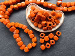 10mm Orange Glass Cube Square Beads, Rustic Traditional Turkish Artisan Handmade Beads, Turkish Glass Beads