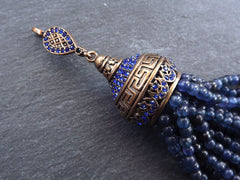 Large Long Navy Blue Jade Stone Beaded Tassel with Crystal Accents Greek Key Pattern - Antique Bronze - 1PC