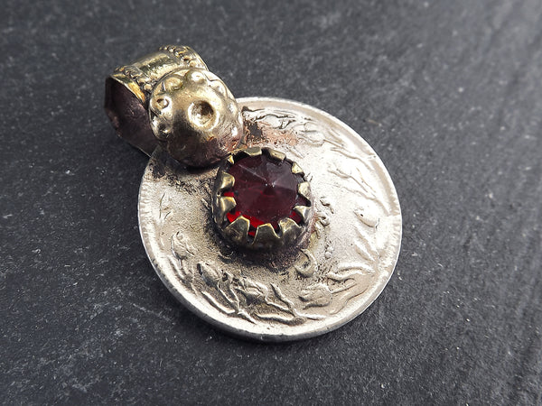 Silver Kuchi Coin Pendant, Red Glass, Afghan Coin Charm, Rustic Medallion Coin, Afghanistan, Silver Brass, 1pc, No:505