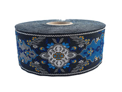 Blue Gray Floral Ethnic Woven Jacquard Trim, Embroidered Flower Ribbon, 40mm, Sewing Supplies